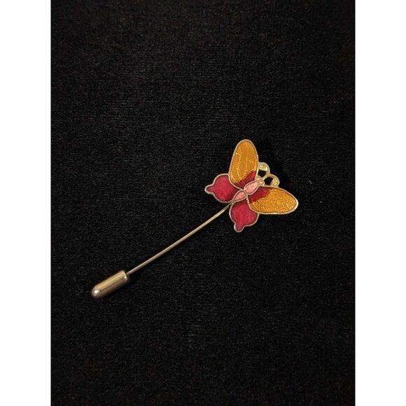 Vintage Red Orange Cloisonne Butterfly Short Stick Pin - Picture 4 of 5